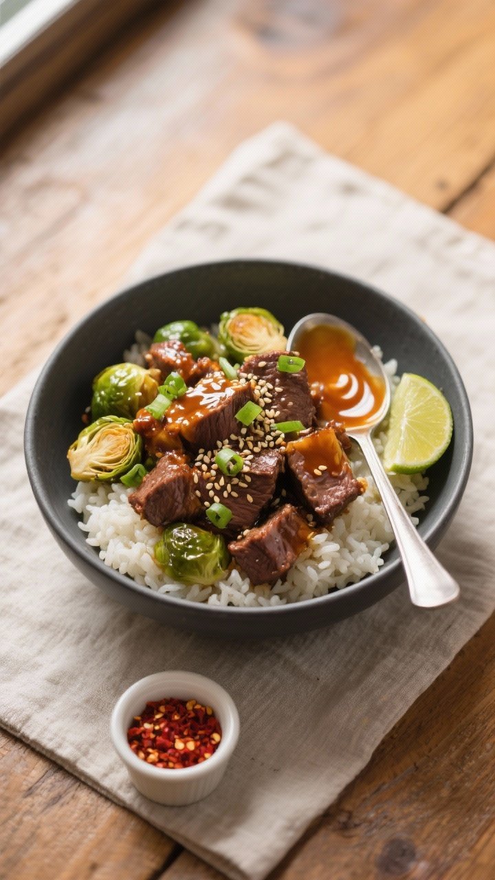 Final plated top view: Overhead shot of Maple Glazed Beef and Brussels Sprouts served over fluffy ja