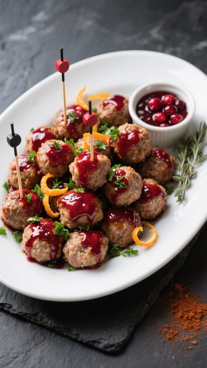 Final presentation, overhead platter shot: A white oval platter piled with bite-sized turkey meatbal