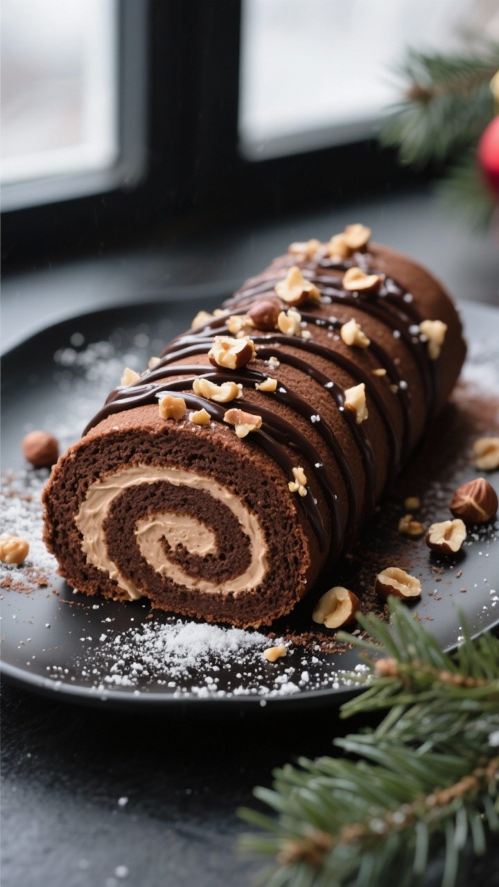 Final presentation/overhead shot: Fully set Christmas chocolate cake roll sliced into 1/2–3/4-inch