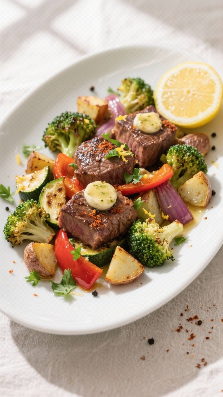 Overhead final dish: Garlic butter steak bites served over roasted broccoli florets, bell peppers, z