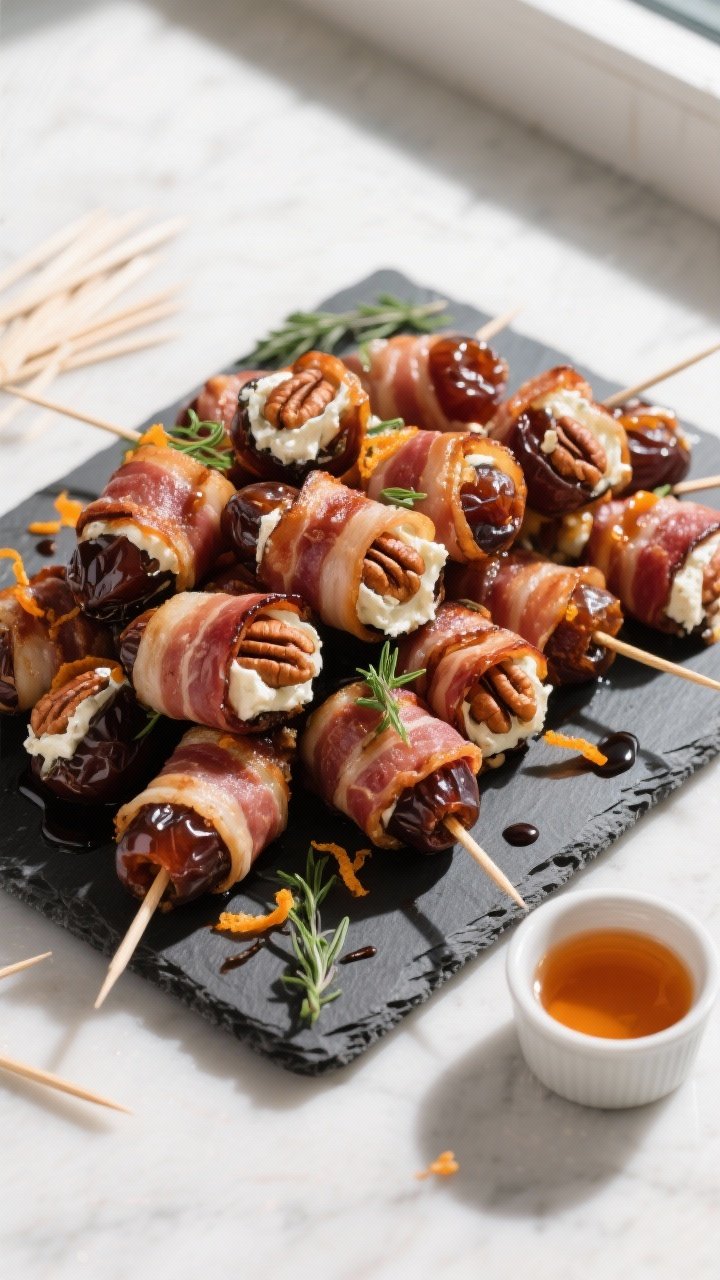 Overhead final presentation: A dark slate platter piled with bacon-wrapped dates stuffed with tangy