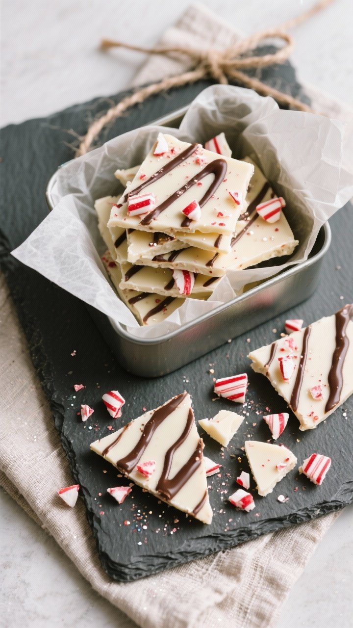 Overhead final presentation: Irregular shards of white chocolate peppermint bark arranged in a festi