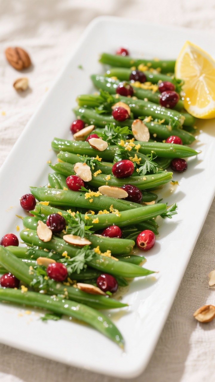 Overhead final presentation of Garlic Butter Green Beans with Cranberries on a long white platter: v