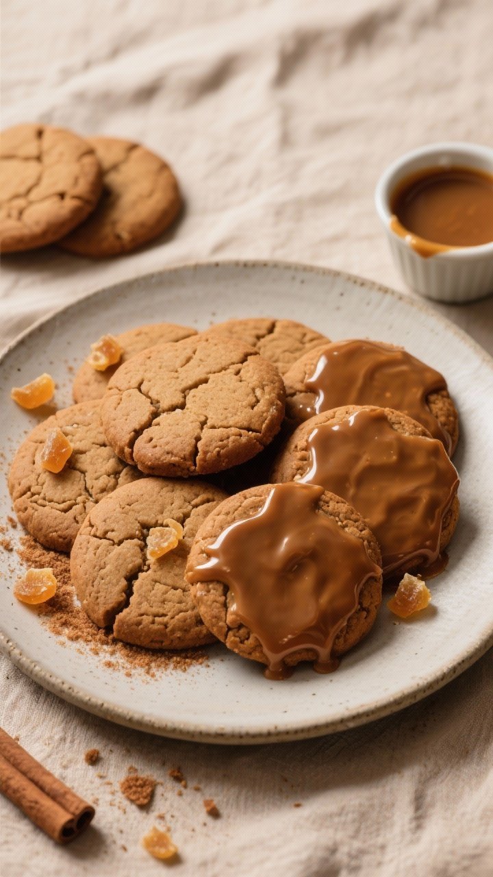 Overhead final presentation of glazed soft gingerbread cookies arranged on a matte stoneware platter