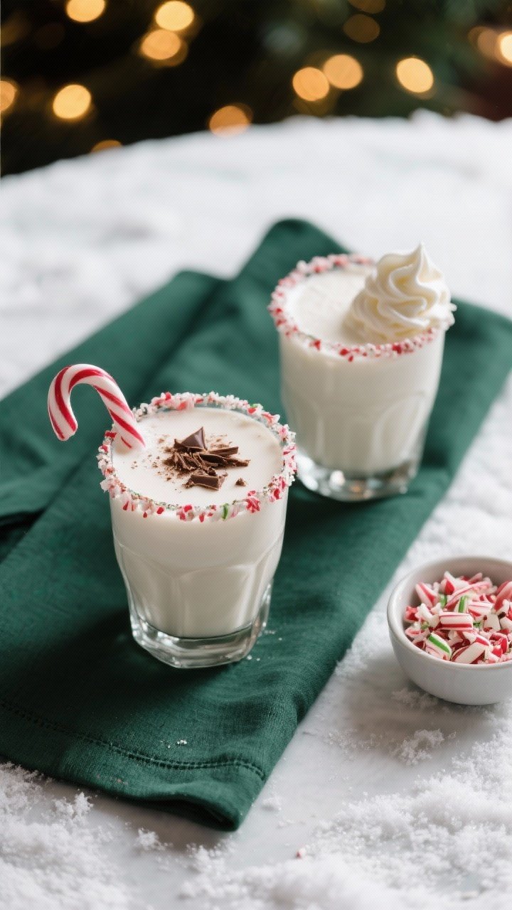 Overhead final presentation of two finished Peppermint White Russians on a wintery tablescape: rocks