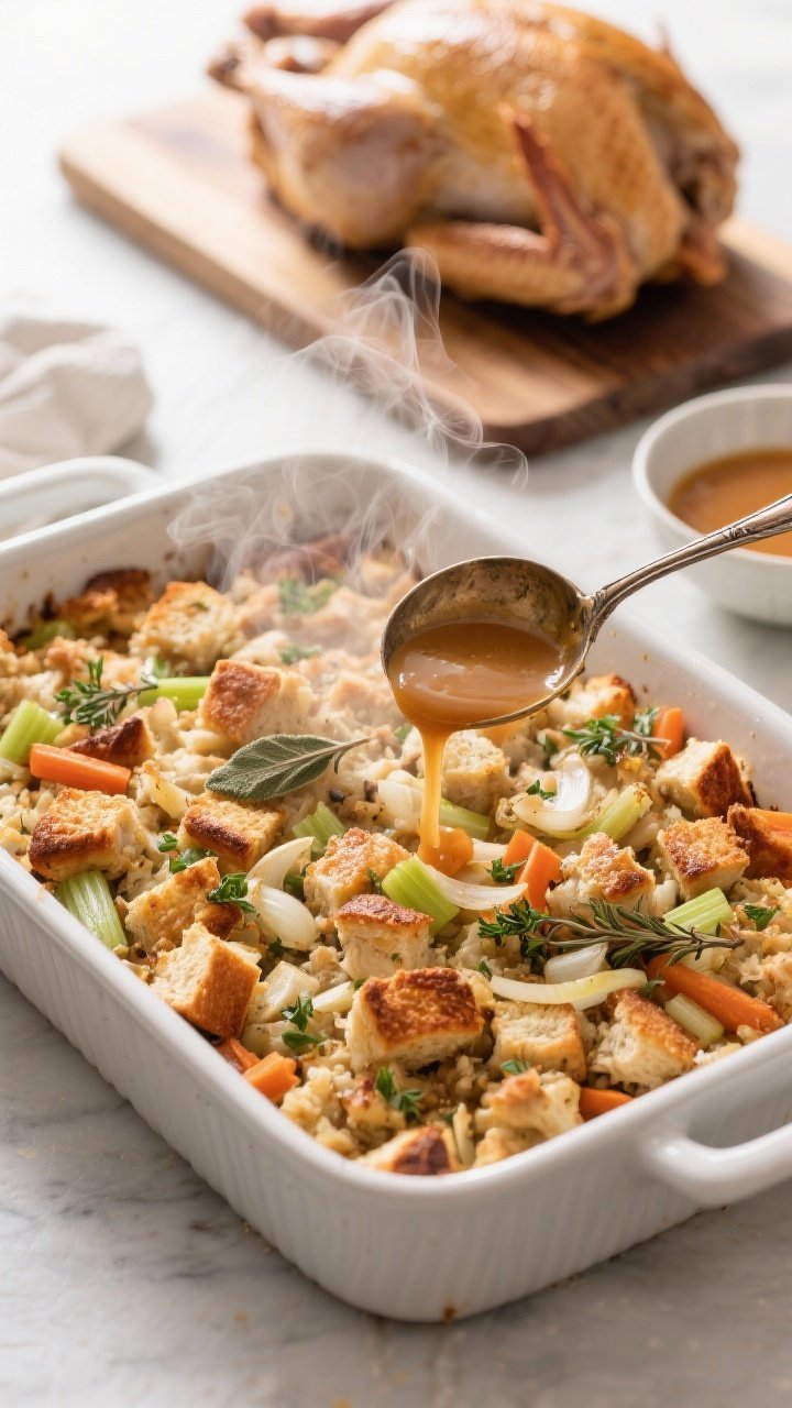 Overhead process-to-final scene: 9x13-inch baking dish of baked stuffing fresh from the oven, top pe