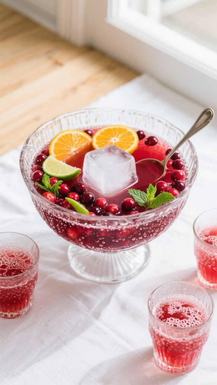 Overhead shot of a crystal-clear glass punch bowl filled with prepared sparkling cranberry punch, de