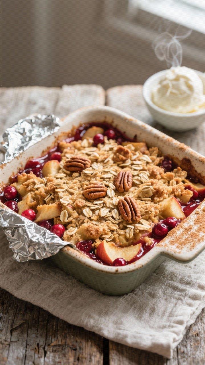 Overhead shot of a freshly baked Cranberry Apple Crisp just out of the oven in a 9x9 rustic ceramic
