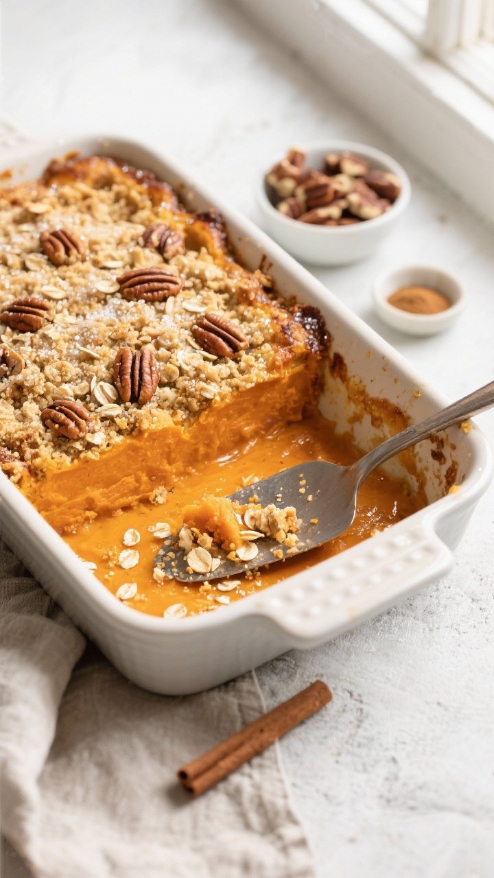Overhead shot of a freshly baked gluten-free sweet potato casserole in a 9x13 ceramic baking dish, e