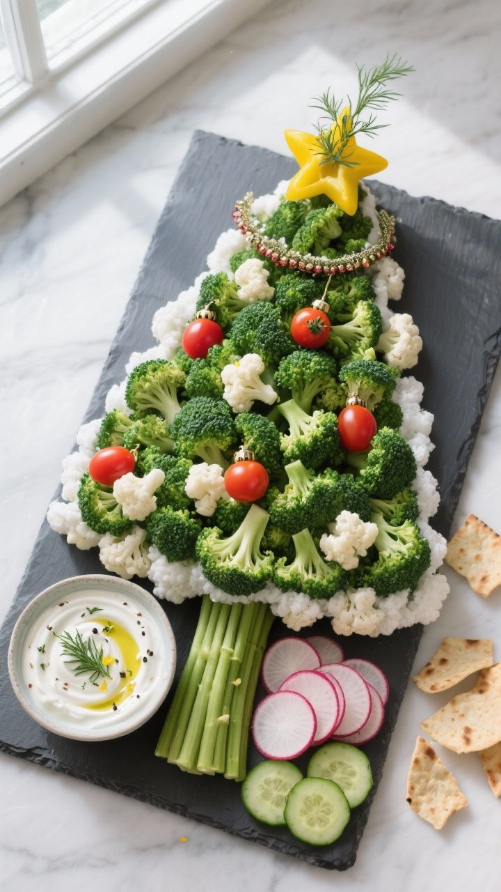 Overhead shot of a fully assembled broccoli Christmas tree veggie tray on a 12x18-inch slate board: