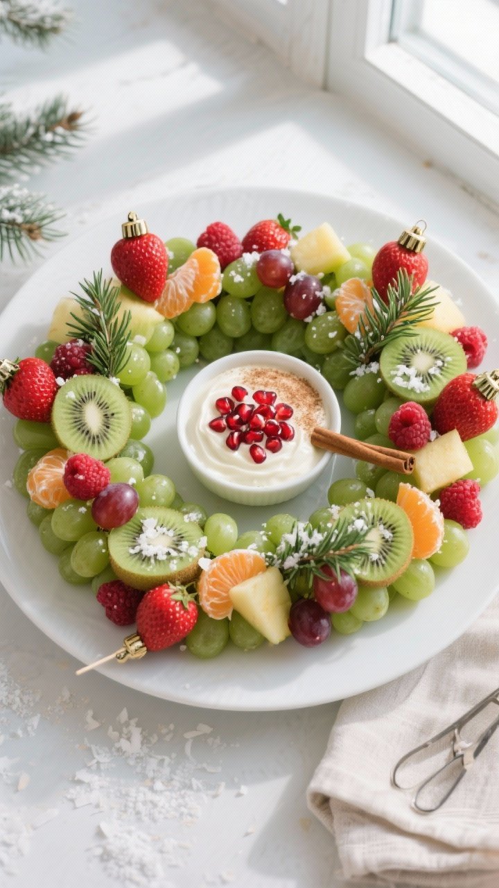Overhead shot of a fully assembled Holiday Fruit Wreath on a large round white platter: lush green b