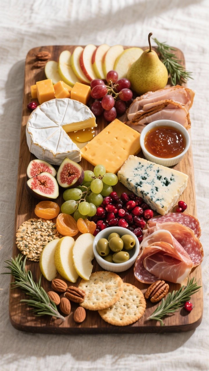Overhead shot of a fully assembled Thanksgiving charcuterie board on a large rustic wooden board: Br
