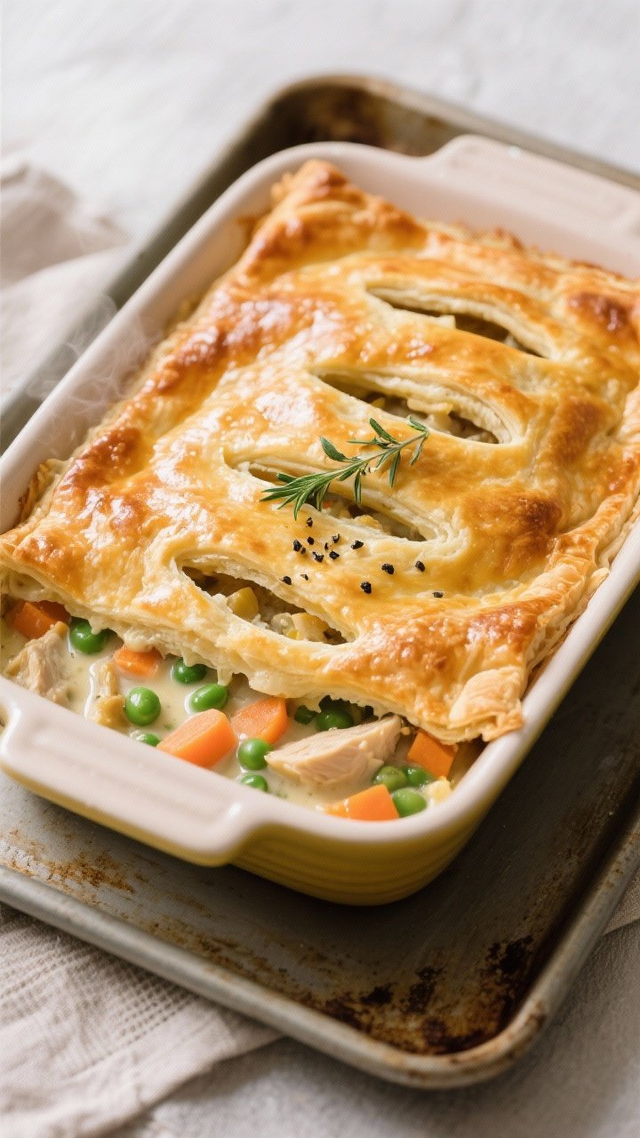 Overhead shot of a just-baked Chicken Pot Pie Casserole in a 9x13 ceramic dish on a preheated baking