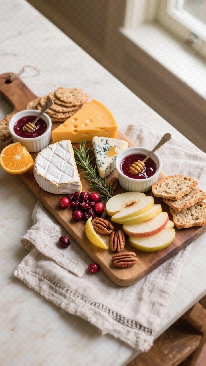 Overhead shot of a mini Thanksgiving snack board fully assembled on a small wooden board for 2–4 p