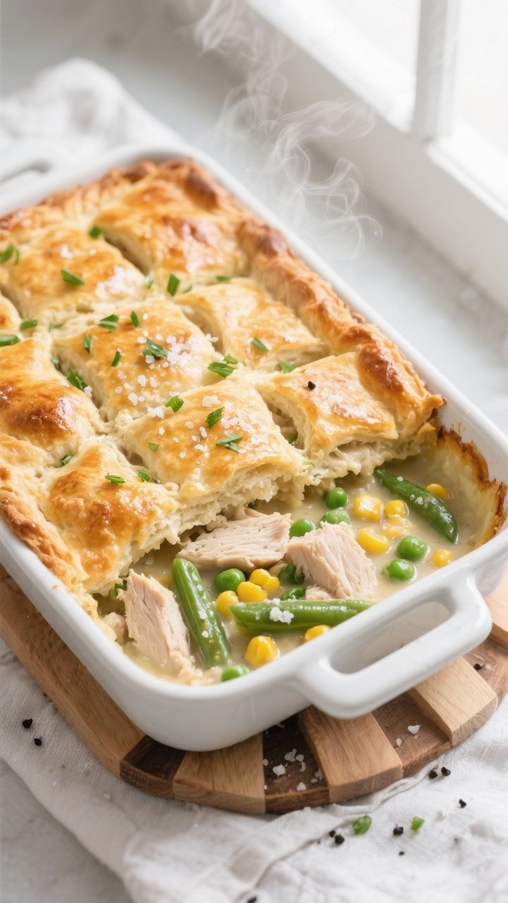 Overhead shot of casserole-style chicken pot pie just out of the oven in a 9x13 white ceramic dish, 