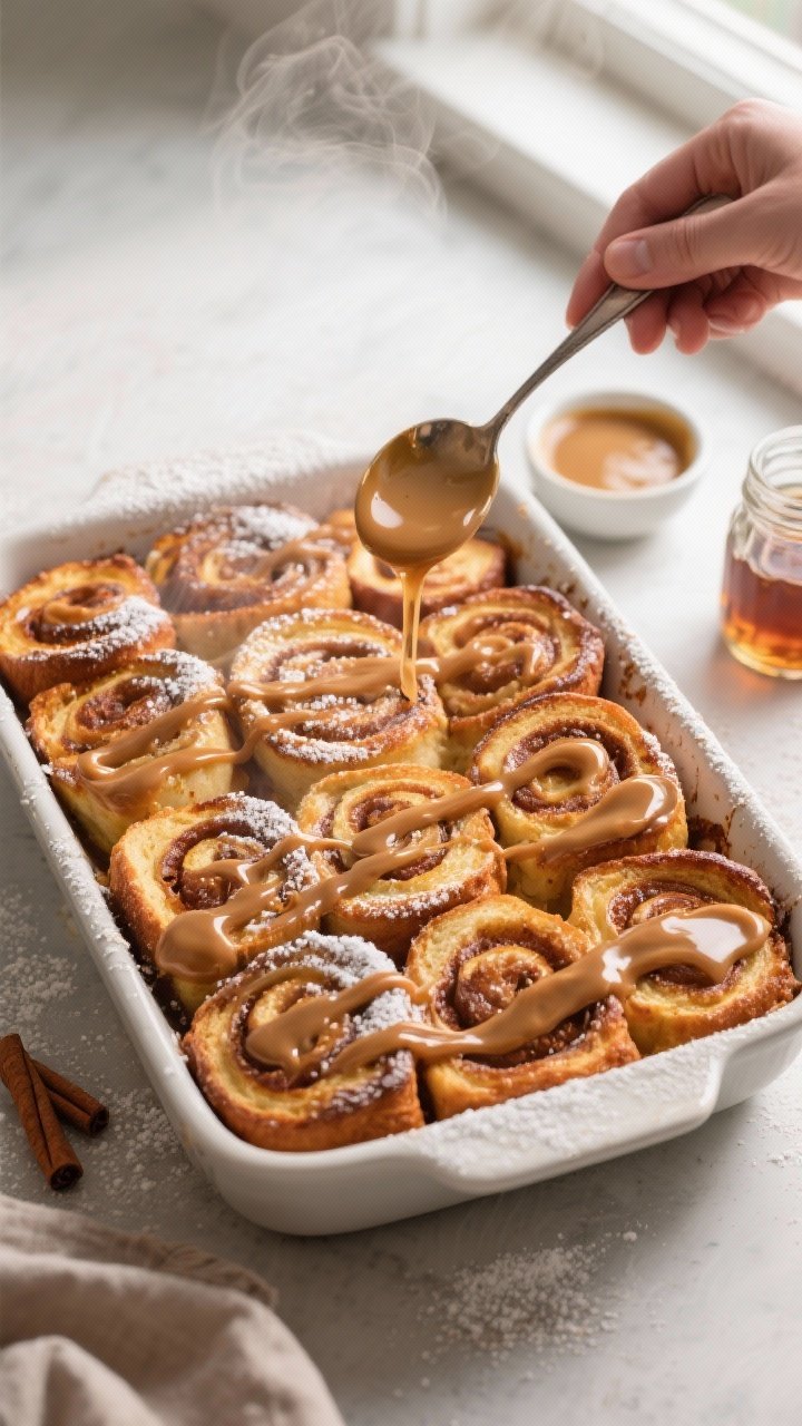 Overhead shot of Cinnamon Roll French Toast Bake fresh out of the oven in a 9x13 baking dish, center