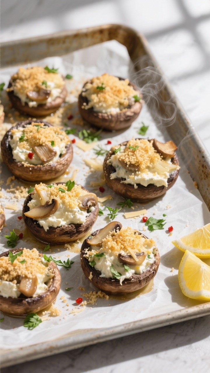 Overhead shot of freshly baked stuffed cremini mushrooms on a parchment-lined sheet pan, caps cavity