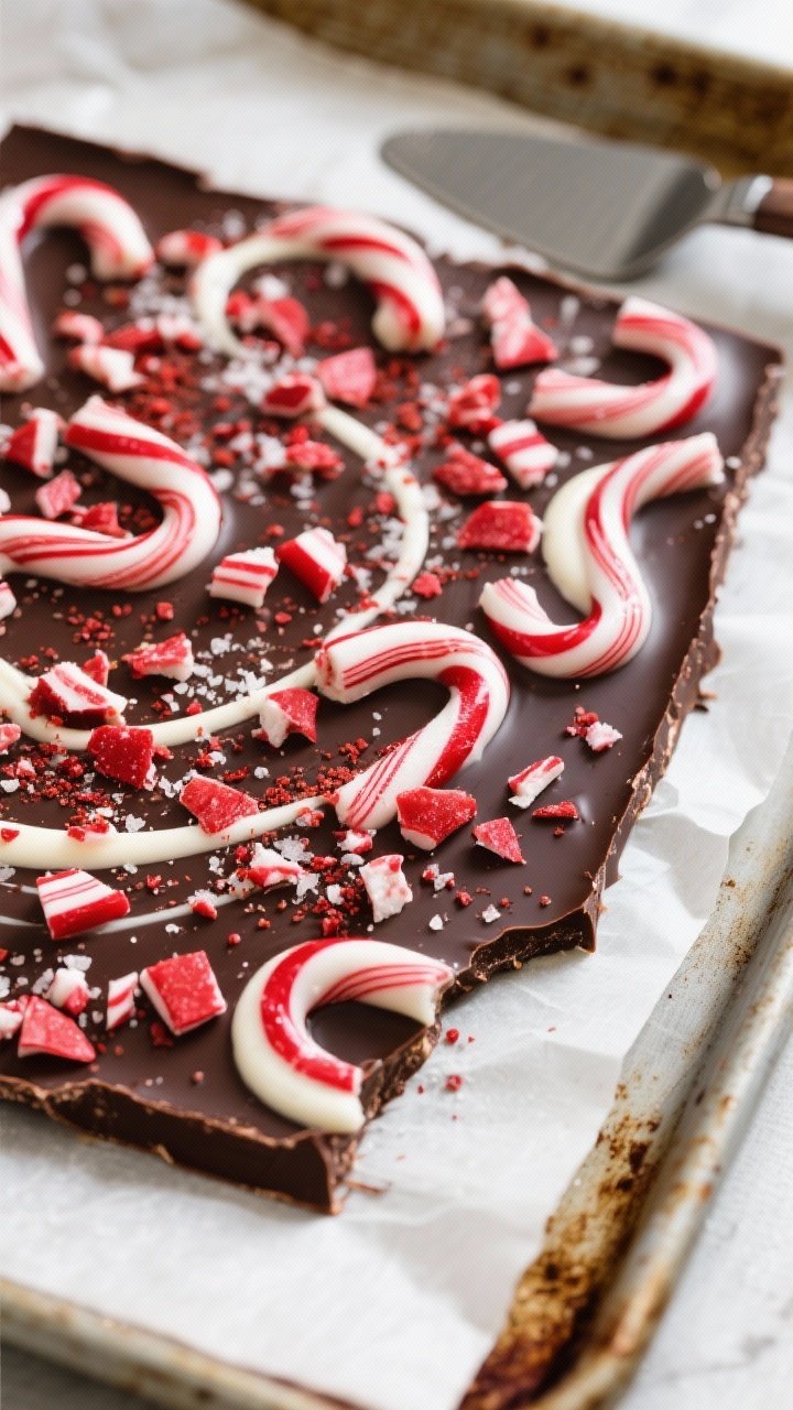 Overhead shot of freshly set peppermint chocolate bark on a parchment-lined baking sheet, dark choco