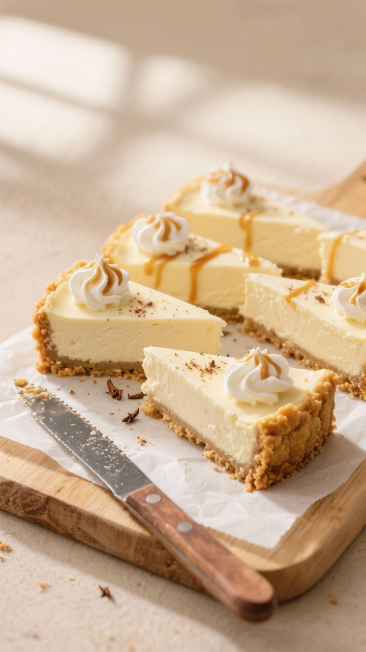 Overhead shot of freshly sliced eggnog cheesecake bars on a parchment-lined cutting board, clean sha