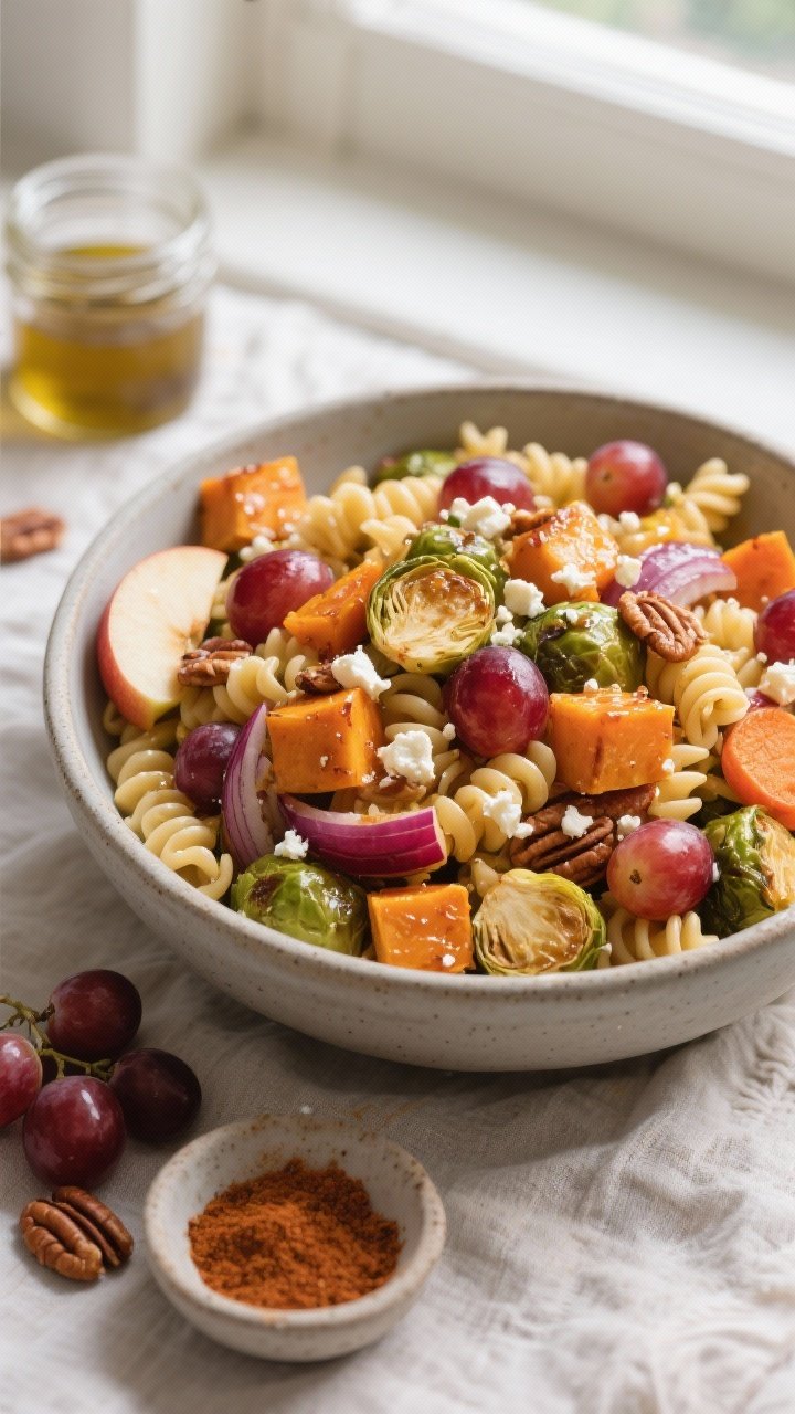 Overhead shot of Harvest Pasta Salad just after tossing: al dente fusilli mixed with caramelized but