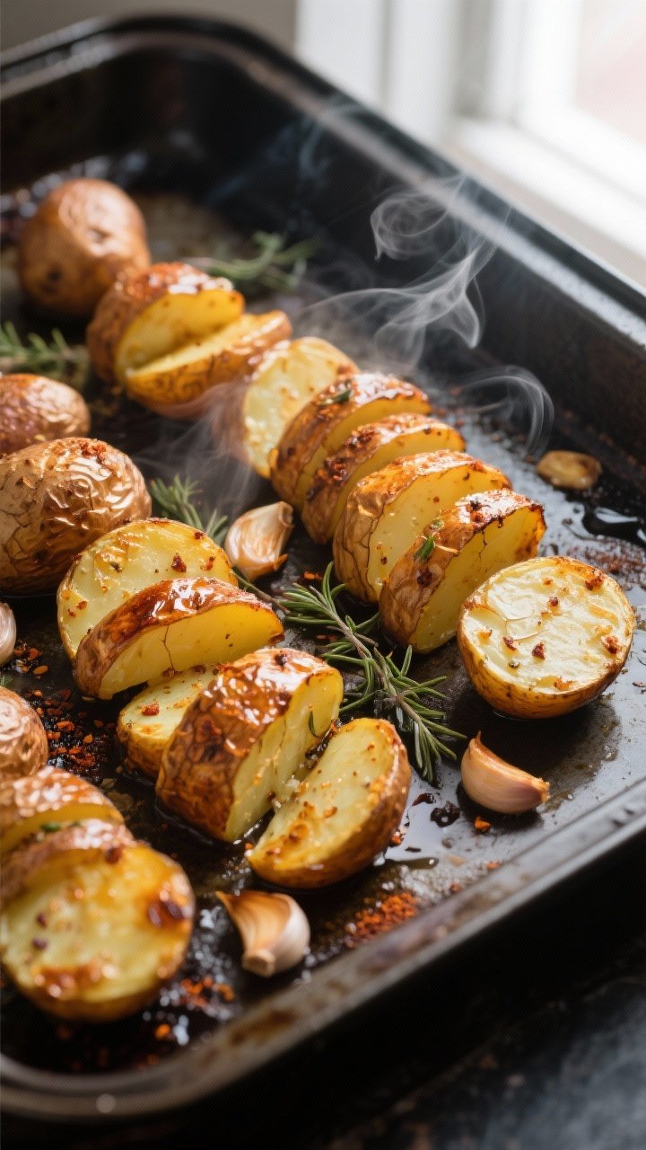 Overhead shot of honey garlic roasted baby potatoes just after the flip, on a preheated rimmed bakin