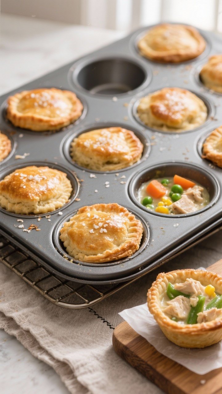 Overhead shot of mini chicken pot pies in a 12-cup muffin tin just out of the oven, biscuits baked t