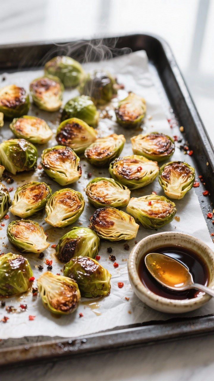 Overhead shot of roasted Brussels sprouts just out of a 425°F oven on a preheated, dark rimmed baki