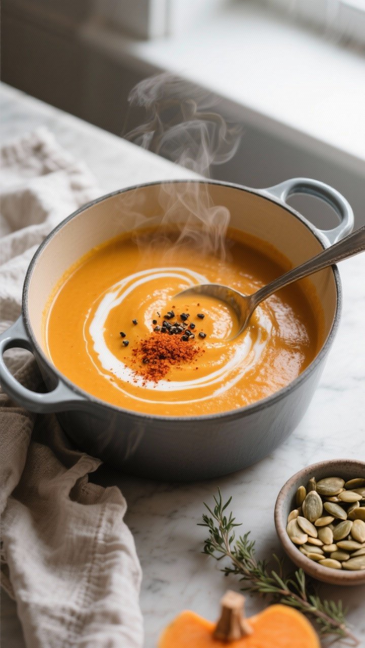 Overhead shot of silky butternut squash soup just blended in a Dutch oven, steam gently rising, glos