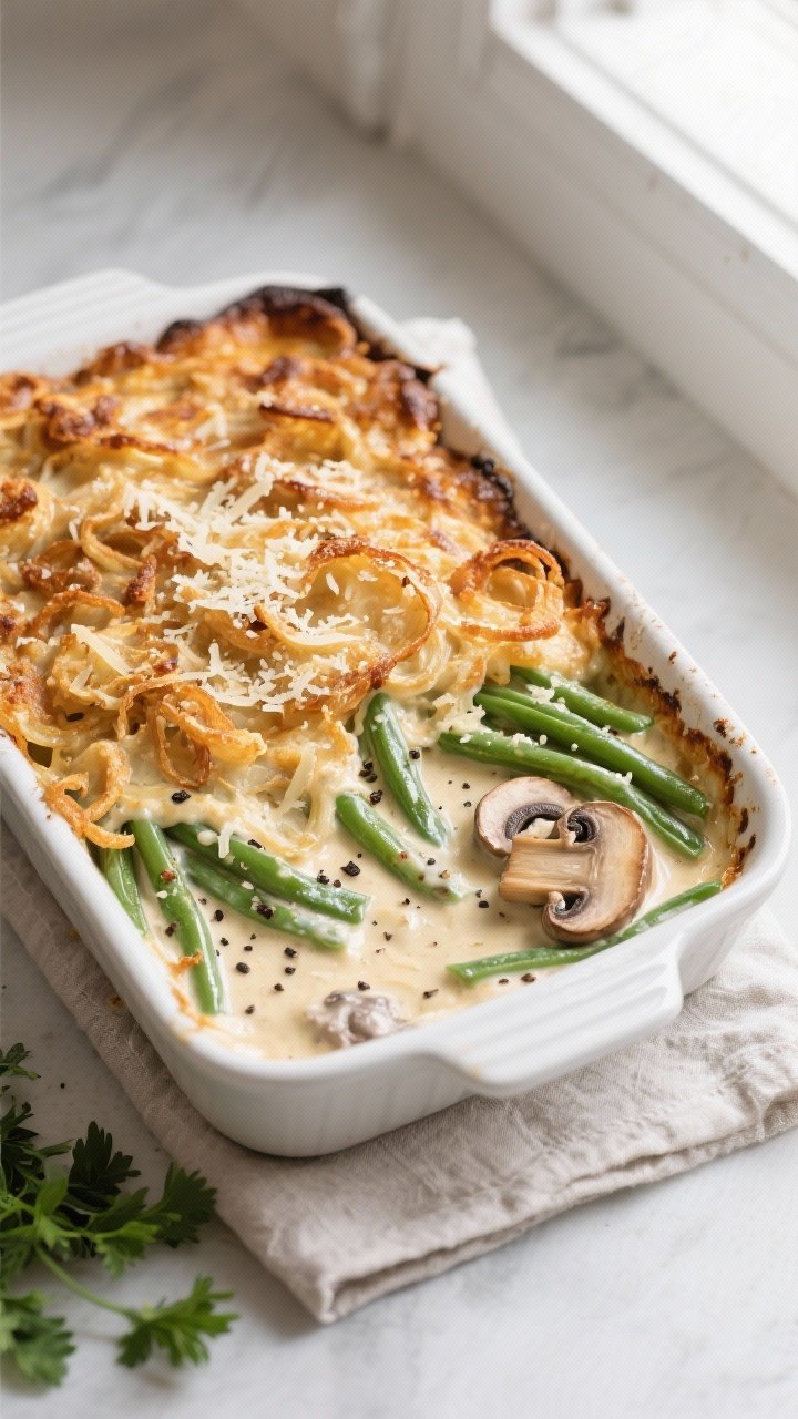 Overhead shot of the baked Green Bean Casserole just out of the oven, bubbling mushroom cream peekin