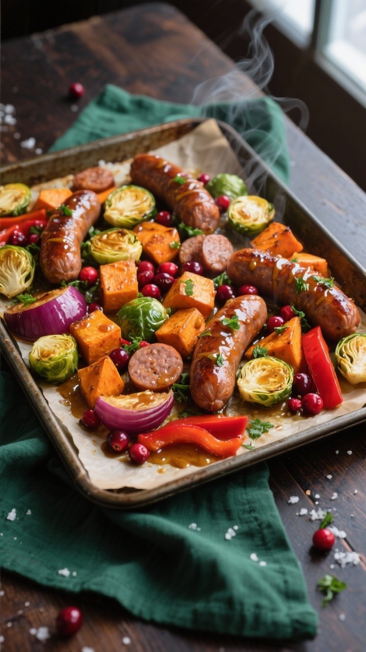 Overhead shot of the finished Sheet Pan Christmas Sausage and Veggies just out of the oven: carameli