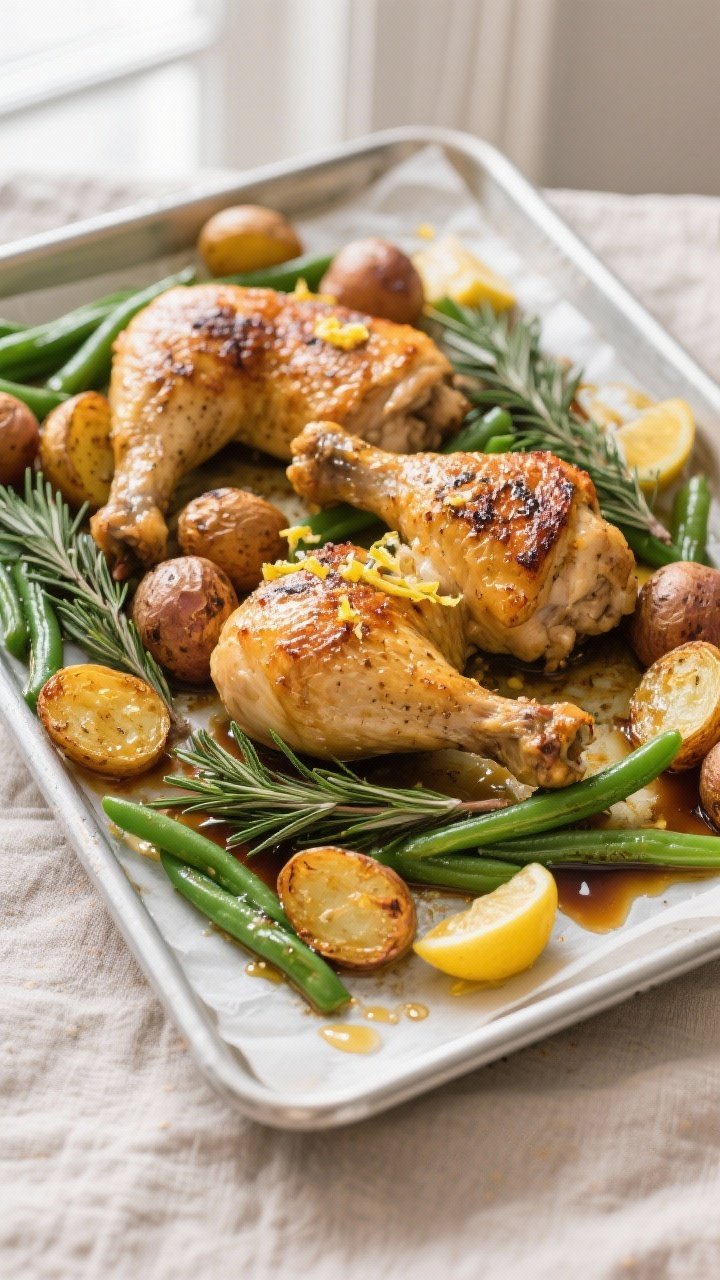 Overhead shot of the one-pan Christmas chicken dinner just after finishing in the oven: golden, crac