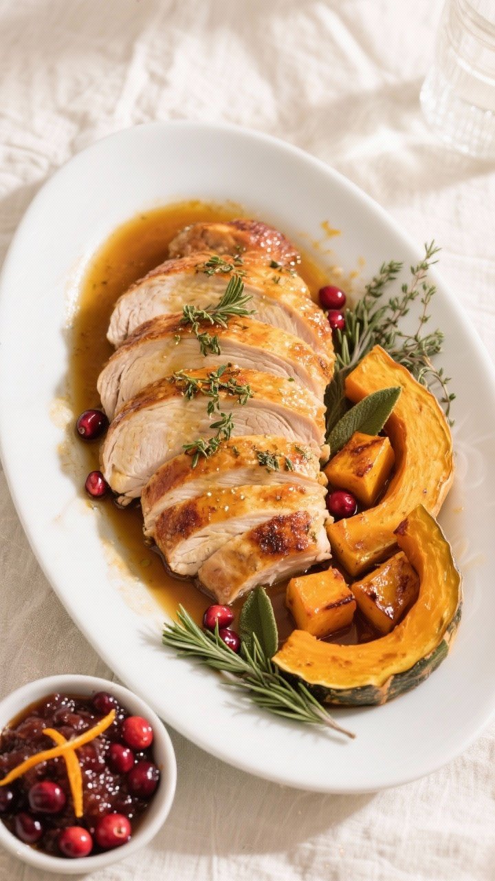 Overhead shot of the sliced herb-roasted turkey breast arranged on a white oval platter, glistening