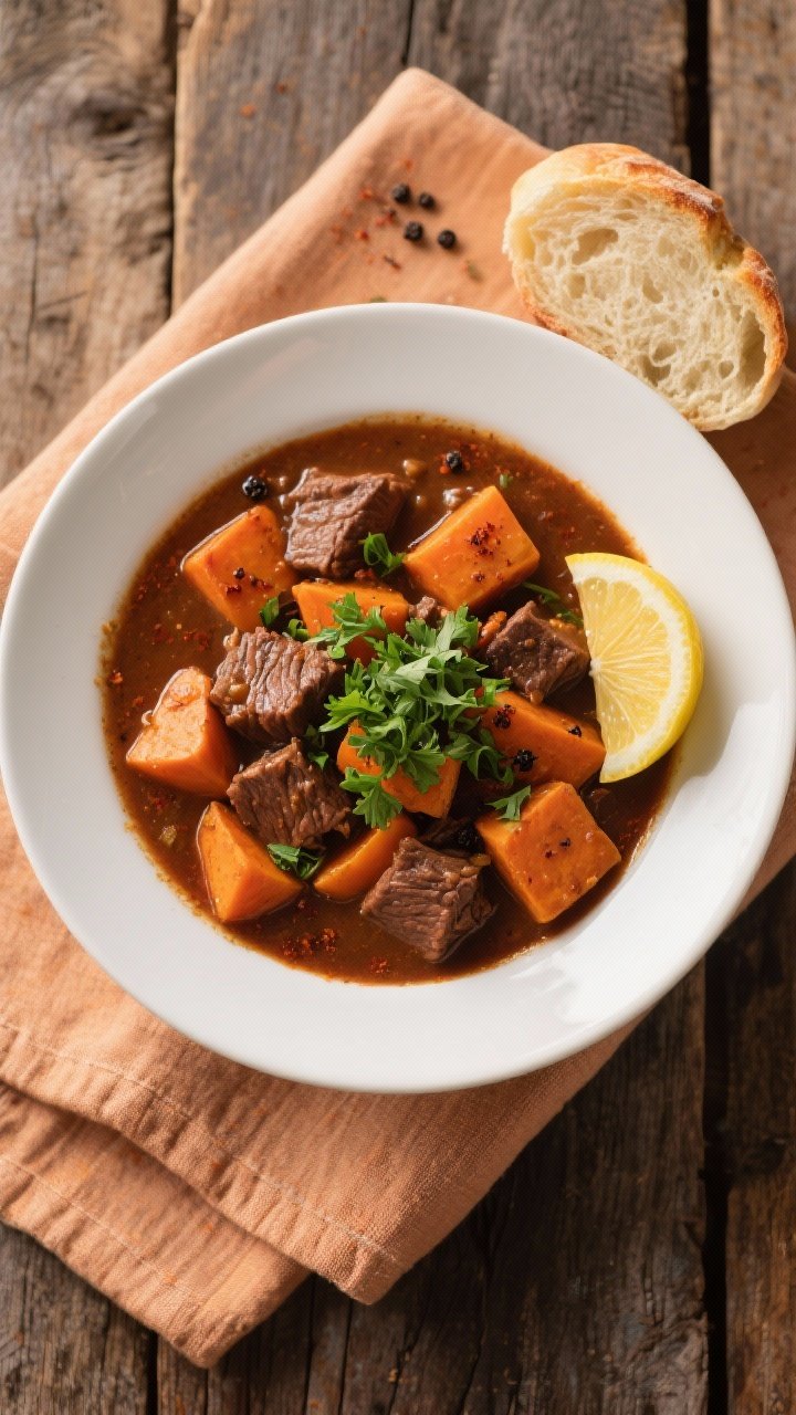 Tasty top view final dish: Overhead shot of a wide, shallow white bowl filled with Slow Cooker Beef