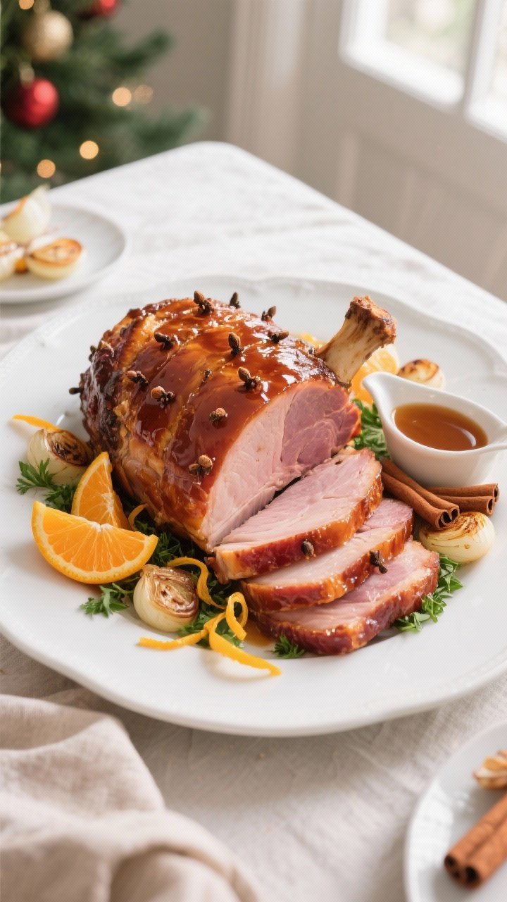 Tasty top view, final presentation: Overhead shot of the carved honey glazed Christmas ham arranged