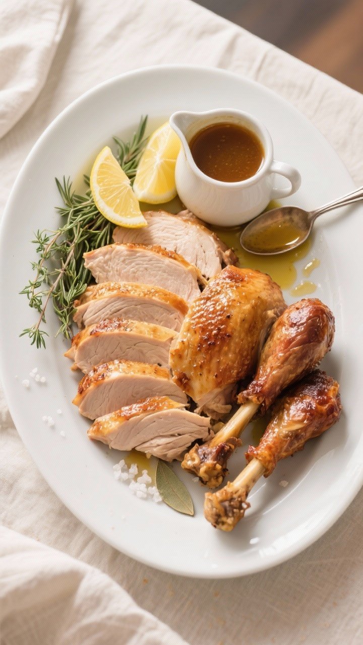 Tasty top view final presentation: Overhead shot of carved roast turkey arranged on a large white pl