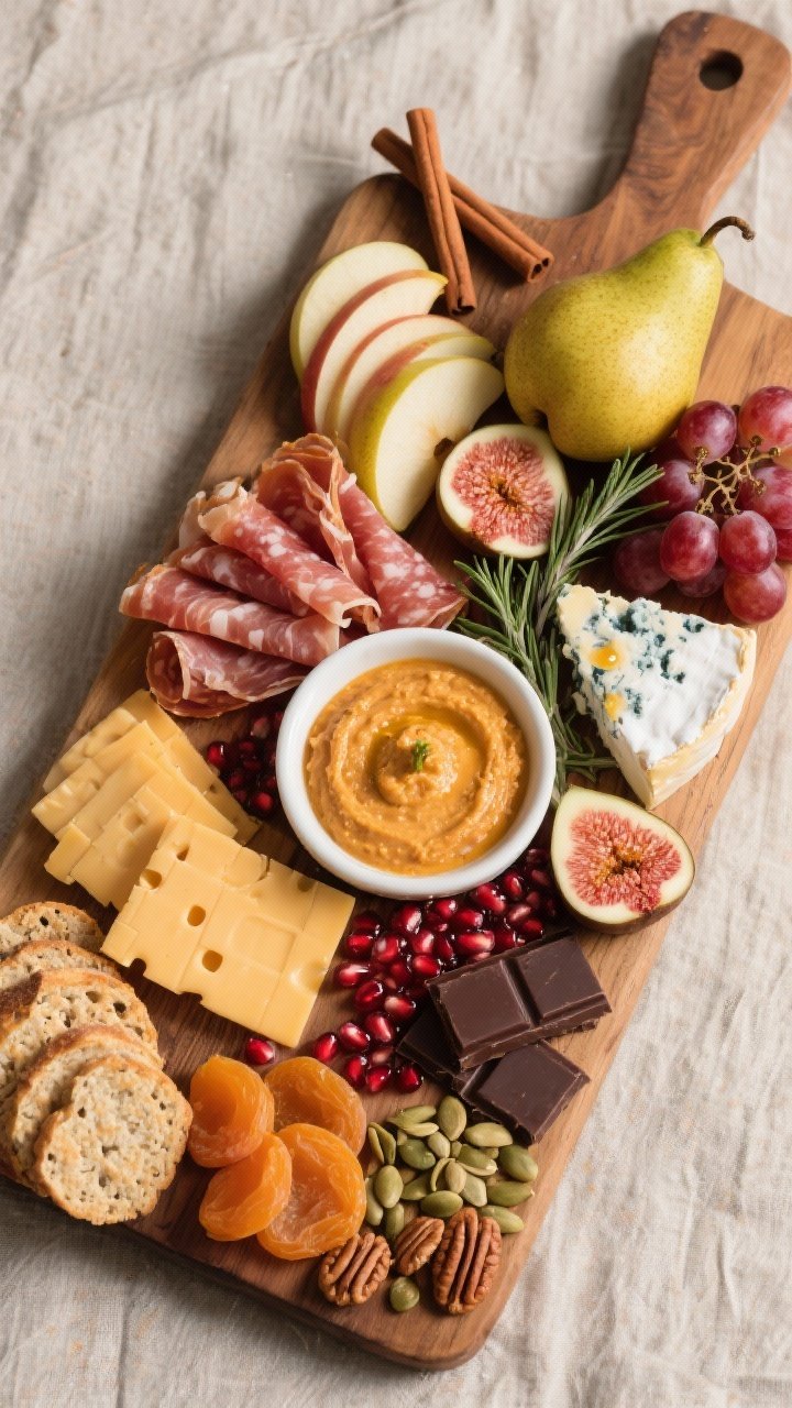 Tasty top view: Overhead shot of a finished fall harvest charcuterie board on a large wooden board,