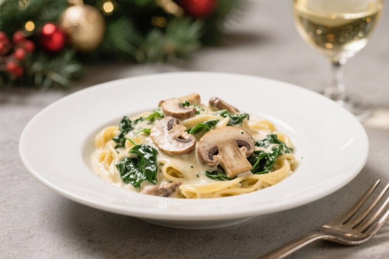 Ultimate Creamy Christmas Mushroom Pasta With Spinach and White Wine