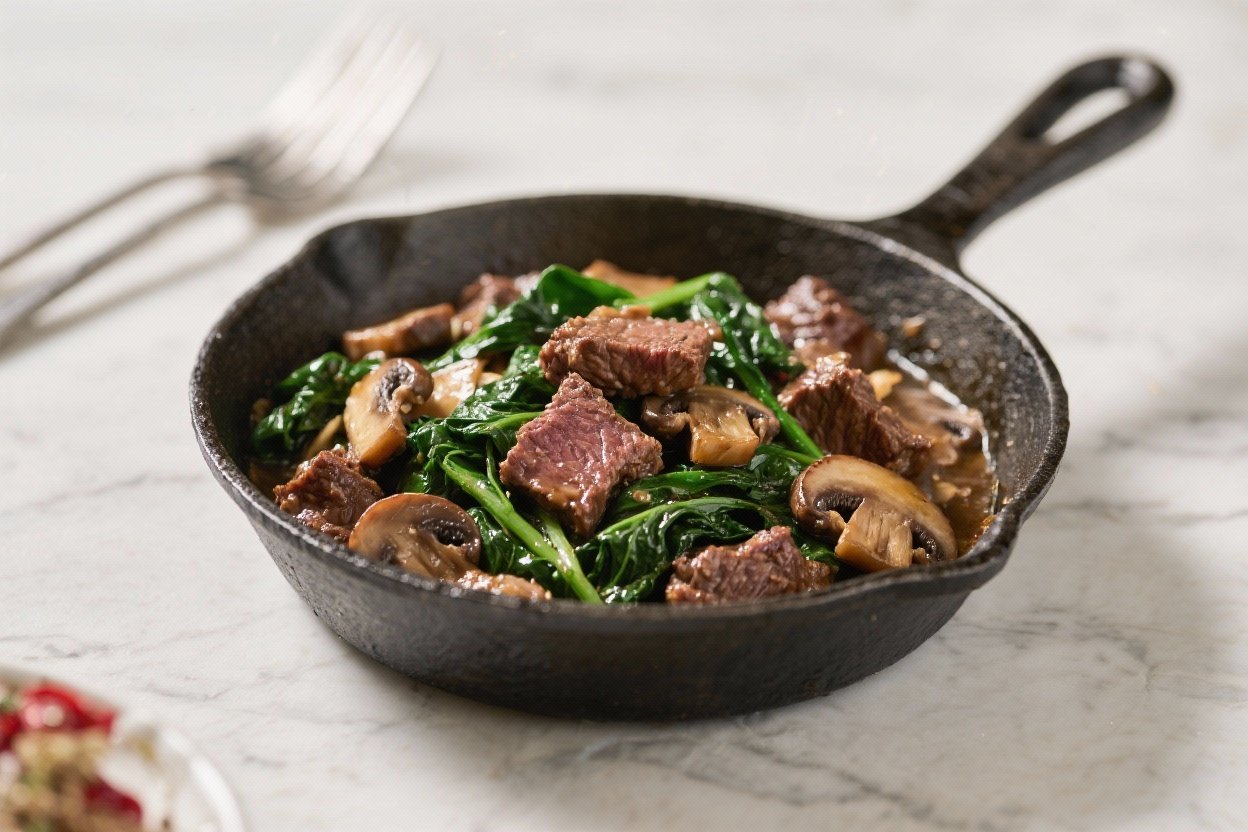 High-Protein Christmas Beef Skillet with Spinach & Mushrooms - A Cozy One-Pan Holiday Dinner