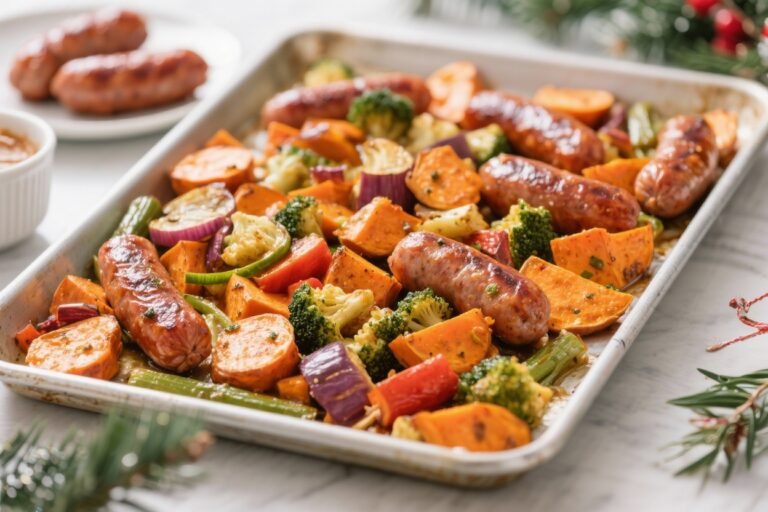 Easy Sheet Pan Christmas Sausage and Veggies with Sweet Potatoes