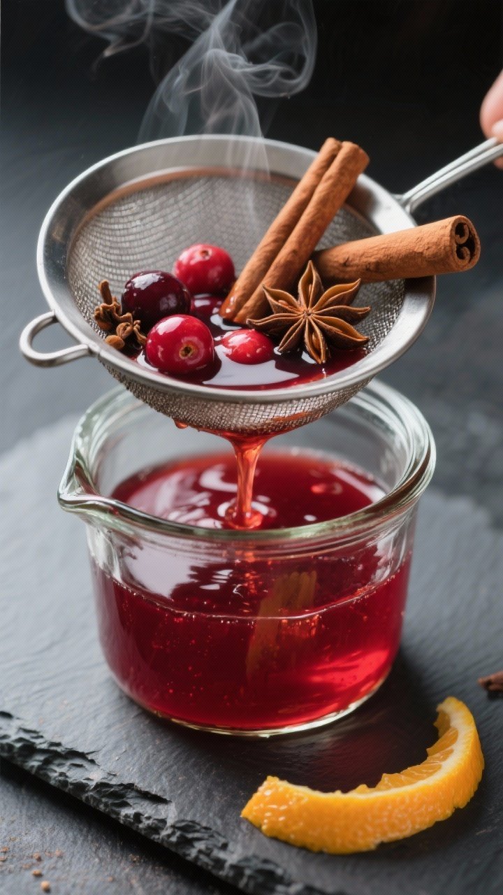 Close-up detail: A small glass saucepan of finished spiced cranberry–orange syrup being strained t