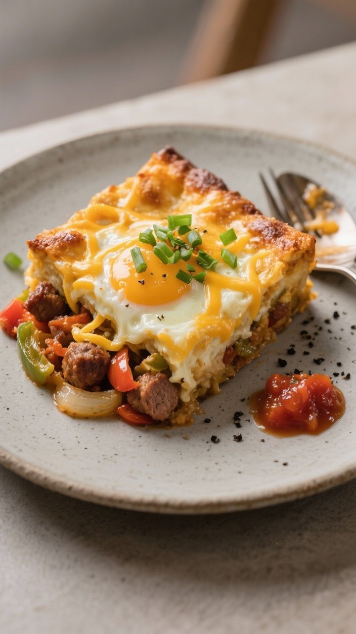 Close-up detail of a single plated square of the casserole on a matte stoneware plate, showing gooey