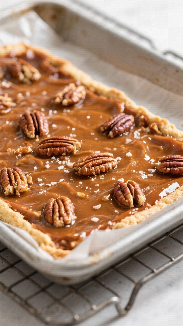 Close-up detail shot: A just-baked slab of pecan pie bars cooling in a parchment-lined 9x13 metal pa