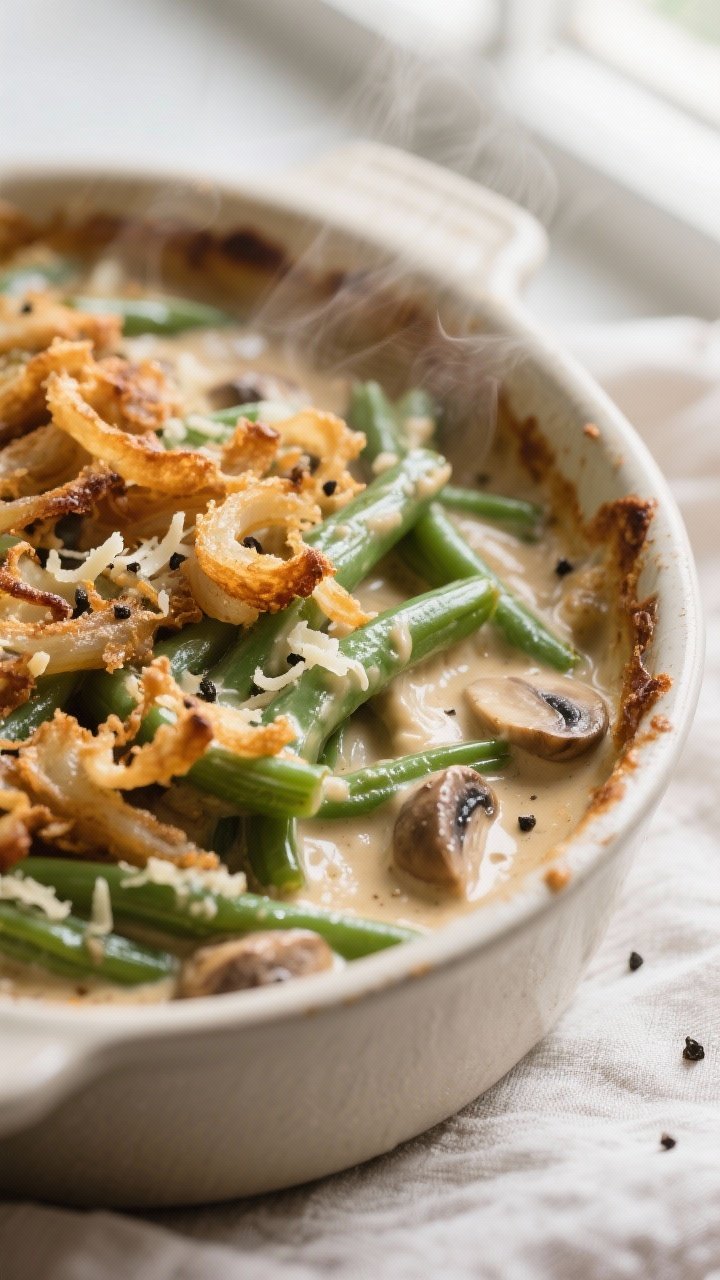 Close-up detail shot: Green bean casserole just out of the oven, bubbling around the edges, with a t