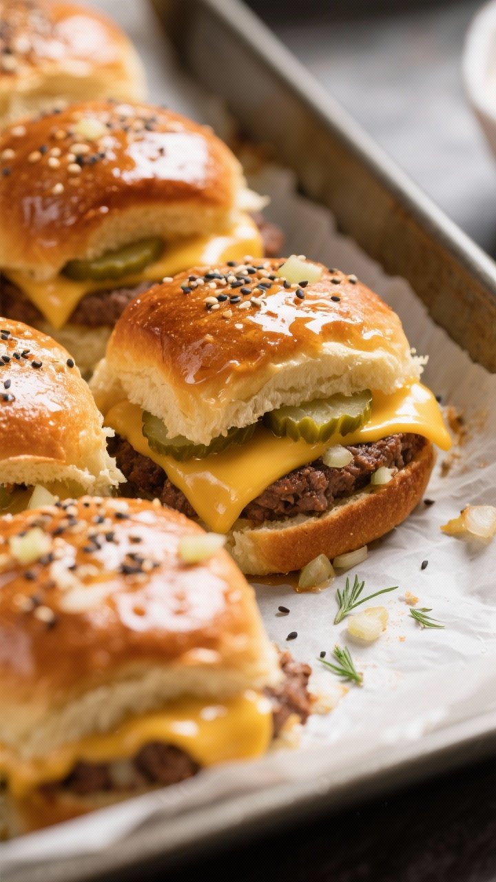 Close-up detail shot of freshly baked Super Bowl sliders still in the 9x13 pan, tops glistening with
