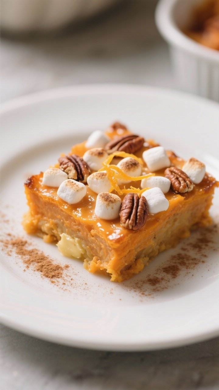 Close-up, three-quarter angle of a plated serving of sweet potato casserole on a matte white plate: 
