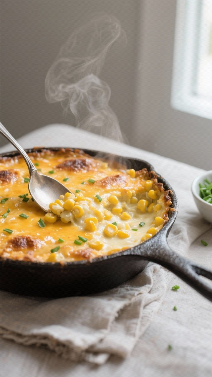Cooking process, close-up detail: Cast-iron skillet corn casserole just pulled from the oven at 45 m