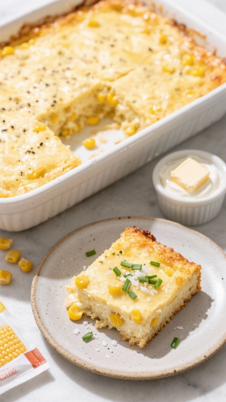 Final dish, tasty top view: Overhead shot of corn casserole with cream cheese baked in a 9x13 white 