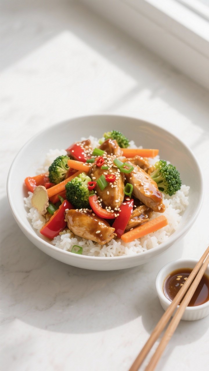 Final dish, tasty top view: Overhead shot of Quick Chicken Stir Fry with Ginger served over fluffy w
