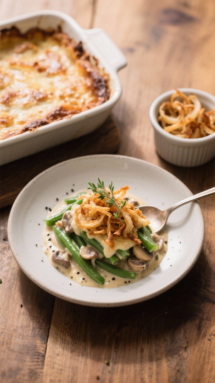 Overhead final presentation: A neatly scooped portion of green bean casserole plated in a wide, matt