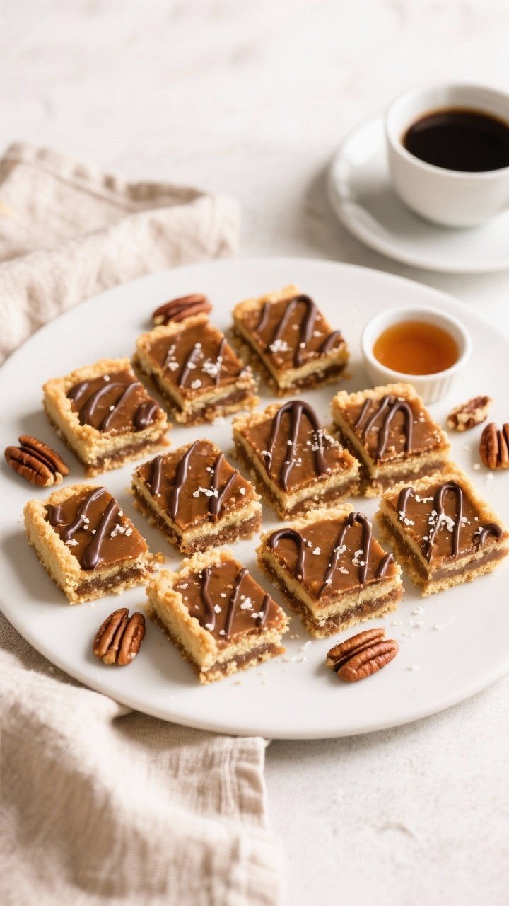 Overhead final presentation: Neatly sliced pecan pie bars (24 small squares) arranged on a matte whi